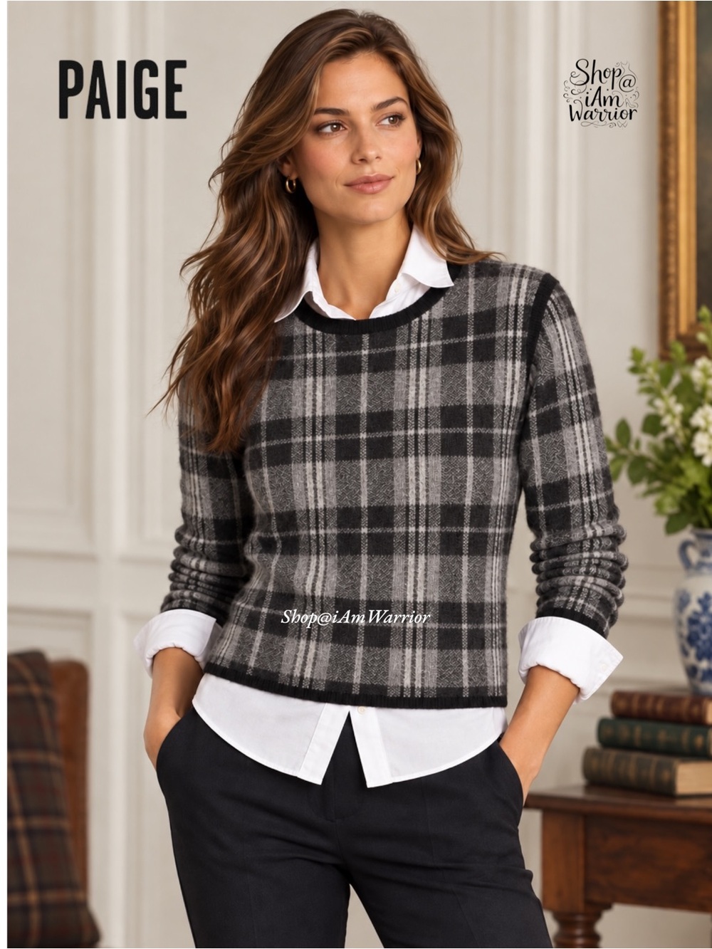 PAIGE Cropped Alpaca Merino Wool Black Gray Plaid Jacquard Crewneck Sweater